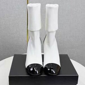 CHANEL White Knit Ankle Boots with Black Patent Cap Toe